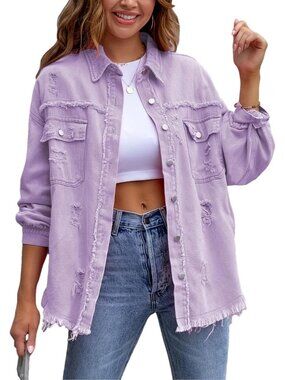 Women's Purple Ripped Distressed Denim Jacket Oversized Basic Casual Jean Jacket